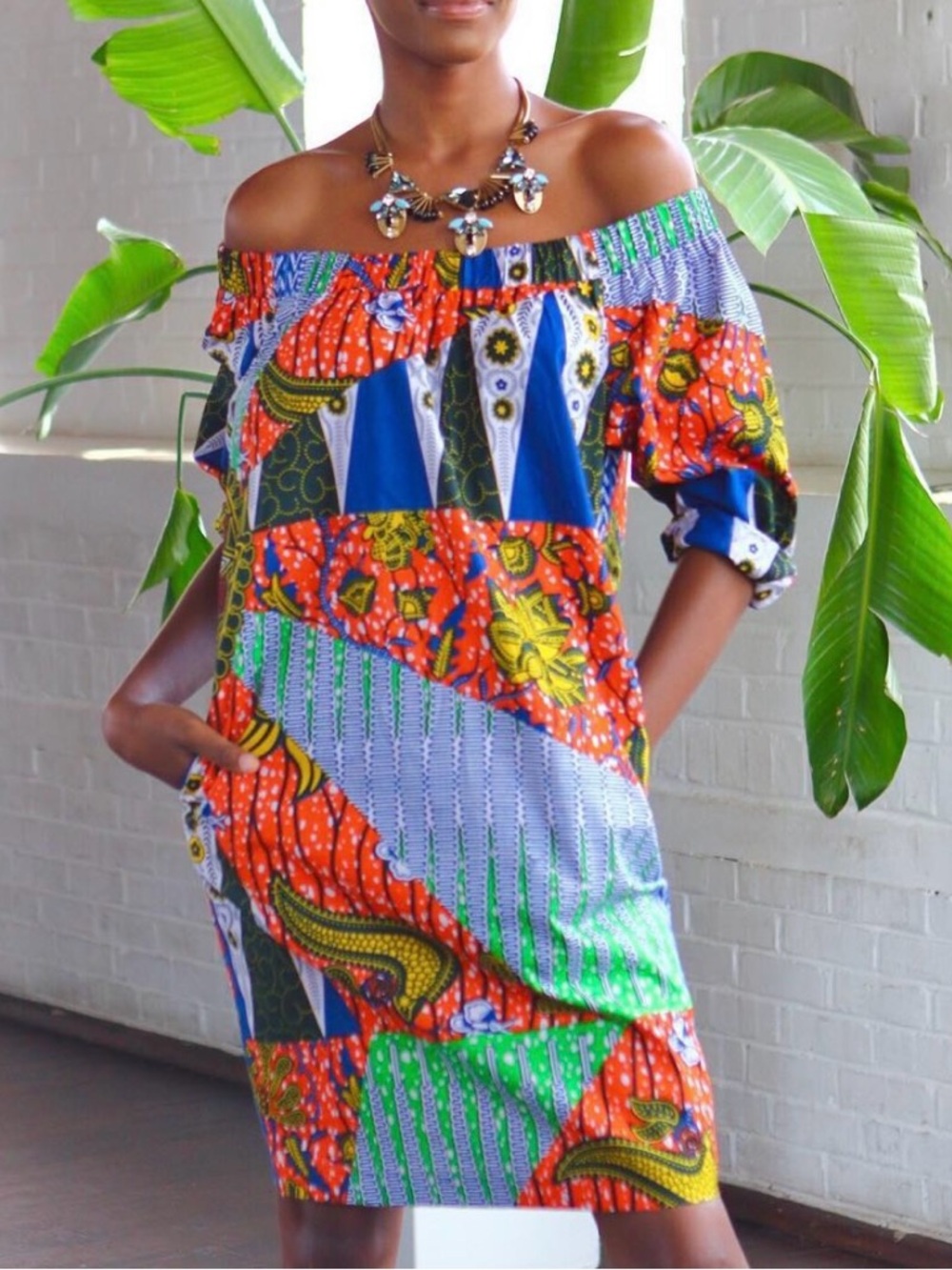 Suakoko Betty “Makeba” Off-Shoulder African Print Shift Dress